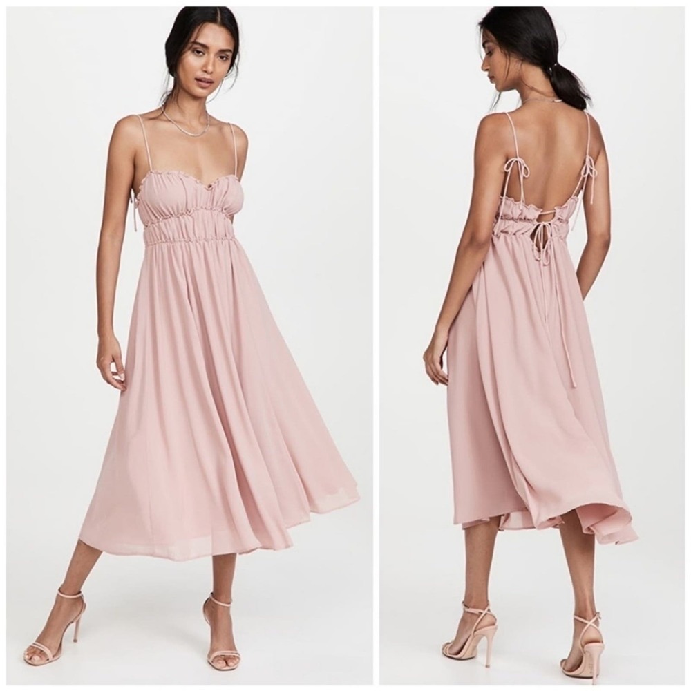 Opt Gigi Dress Midi Pink Pleated Ruffle Smocked Open Tie Back Xs